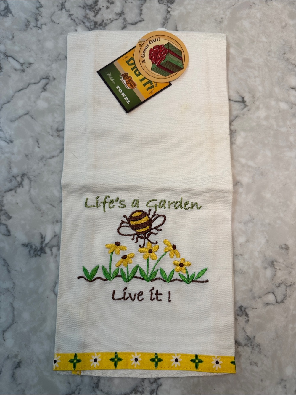 Cracker Barrel White Cotton Kitchen Towel with Yellow & Green Bee Embroidery